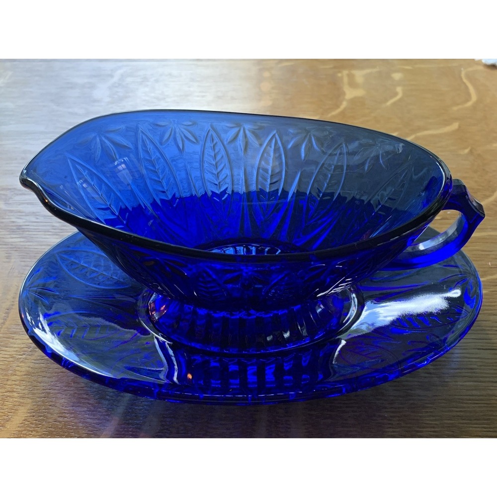 Vintage Royal Sapphire Cobalt Blue Glass Leaf Diamond Pitcher&Dish France Handle